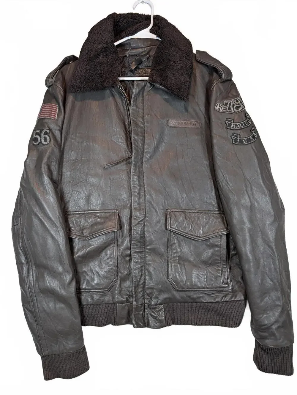 True Religion TR-80 So Cal Leather Bomber Sherpa Collar Jacket Mens XXXL Patches